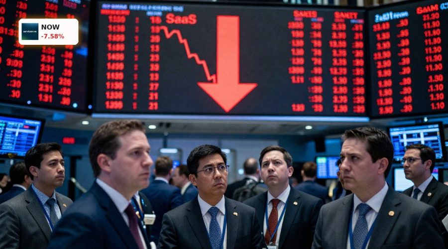 Wall Street traders watch red screens amid sharp tech selloff, highlighting ServiceNow Forecast risk.