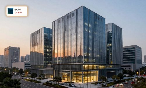 ServiceNow AI Strategy vor moderner Konzernzentrale im Abendlicht, Fokus auf KI-getriebene Unternehmensworkflows