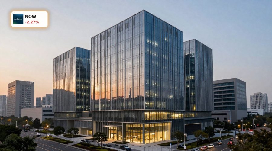 ServiceNow AI Strategy vor moderner Konzernzentrale im Abendlicht, Fokus auf KI-getriebene Unternehmensworkflows