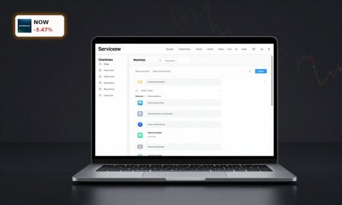 ServiceNow Forecast highlighted on a premium laptop with AI workflow dashboard and market data backdrop