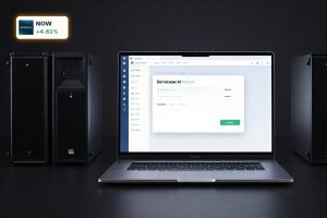 ServiceNow AI Partnership dashboard on enterprise laptop beside servers symbolizing Accenture collaboration