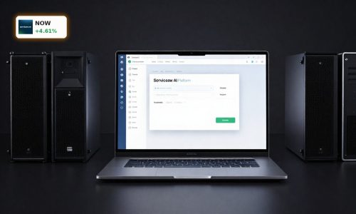 ServiceNow AI Partnership dashboard on enterprise laptop beside servers symbolizing Accenture collaboration