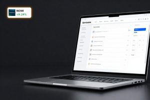 ServiceNow AI Re-rating concept with premium laptop showing enterprise workflow software in dark studio