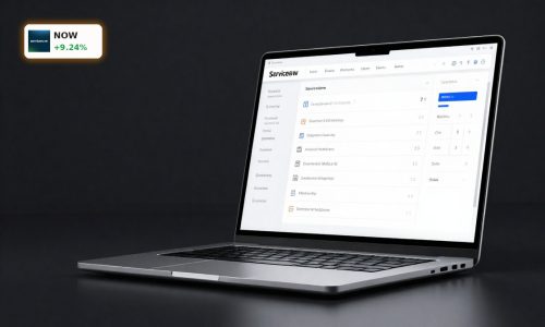 ServiceNow AI Re-rating concept with premium laptop showing enterprise workflow software in dark studio
