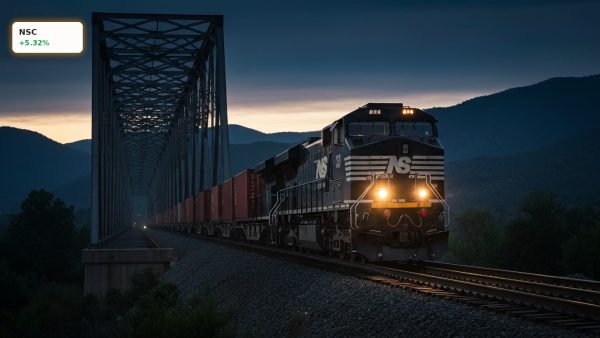 Norfolk Southern Earnings surge as a powerful freight train crosses a bridge at dusk.