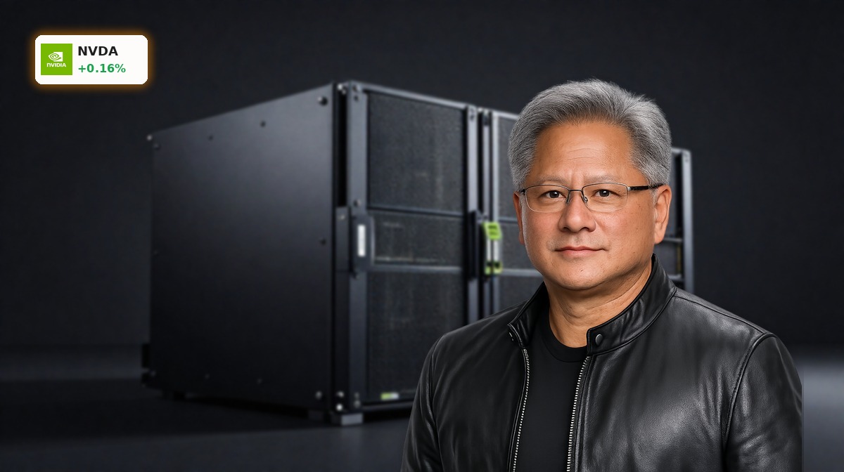 NVIDIA Infrastructure AI server racks and GPU data center hardware in a premium dark studio setting