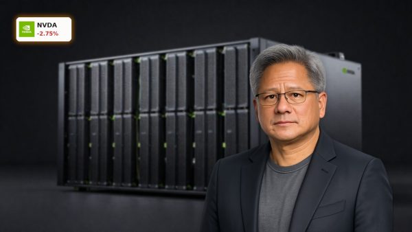 NVIDIA AI Infrastructure server rack with GPUs, networking and liquid cooling in a dark studio setting