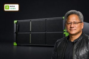 High-end NVIDIA GPUs in a dark data center, symbolizing NVIDIA AI Strategy and its $26B open-source AI investment