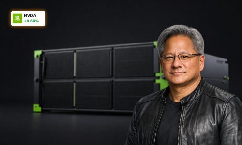 High-end NVIDIA GPUs in a dark data center, symbolizing NVIDIA AI Strategy and its $26B open-source AI investment