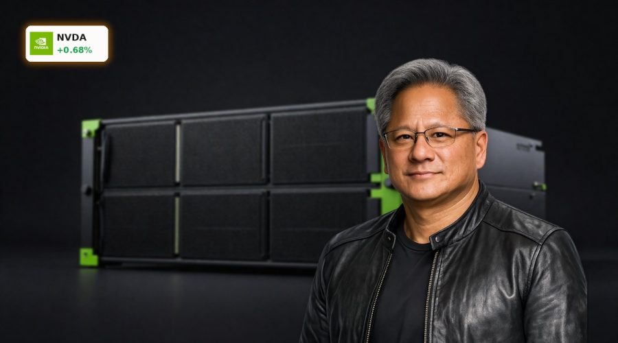 High-end NVIDIA GPUs in a dark data center, symbolizing NVIDIA AI Strategy and its $26B open-source AI investment