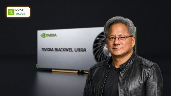 NVIDIA AI Partnership highlighted by Blackwell Ultra GPU and Jetson robotics hardware on dark background