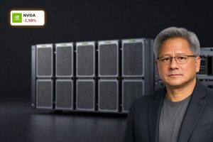 NVIDIA AI Strategy illustrated by high-end GPU data center hardware in a dark, cinematic setting