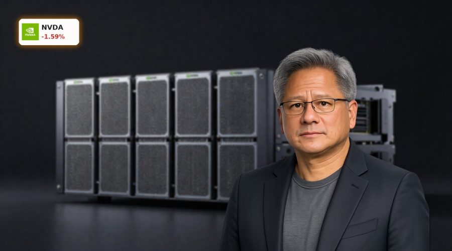 NVIDIA AI Strategy illustrated by high-end GPU data center hardware in a dark, cinematic setting