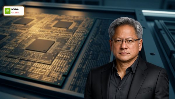 Advanced NVIDIA AI microchip on a semiconductor fabrication line.