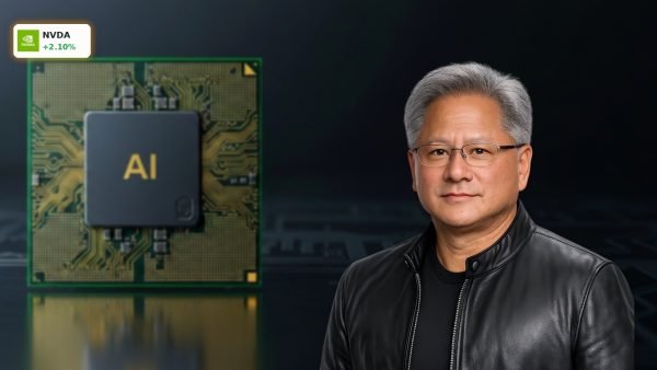 An advanced NVIDIA AI microchip glowing with green light, representing the surging NVIDIA Market Cap.