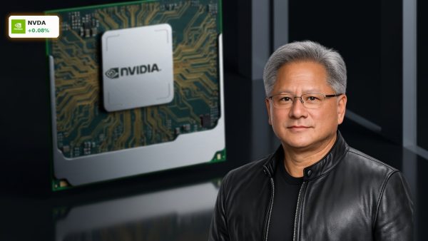 Close-up of powerful NVIDIA AI Chips with glowing circuits on a dark reflective surface.