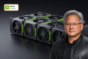 High-end NVIDIA GPUs in a dark data center rack highlight NVIDIA AI Strategy focus