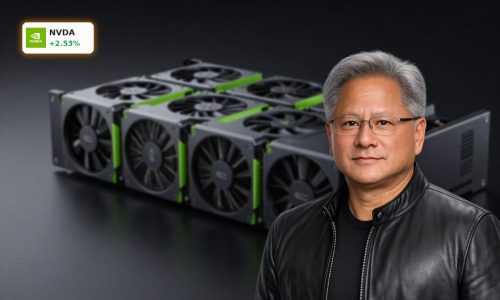 High-end NVIDIA GPUs in a dark data center rack highlight NVIDIA AI Strategy focus