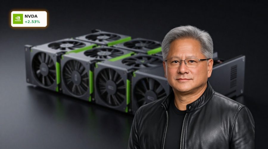 High-end NVIDIA GPUs in a dark data center rack highlight NVIDIA AI Strategy focus