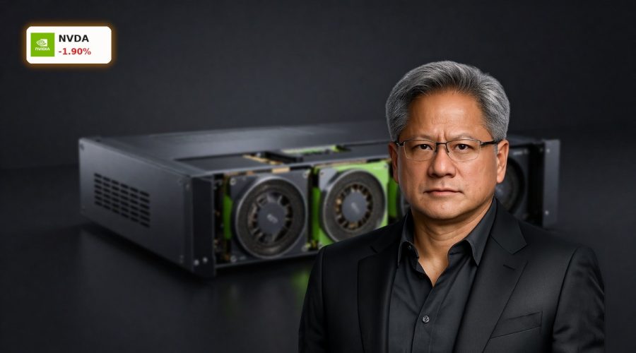 NVIDIA AI Valuation focus with premium data center GPUs in a dark server rack