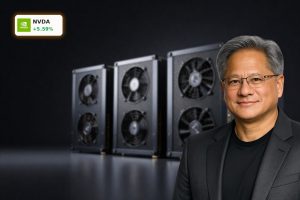 NVIDIA Mega Deals concept with high-end GPUs and AI servers in a dark data center