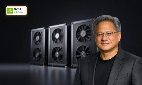 NVIDIA Mega Deals concept with high-end GPUs and AI servers in a dark data center