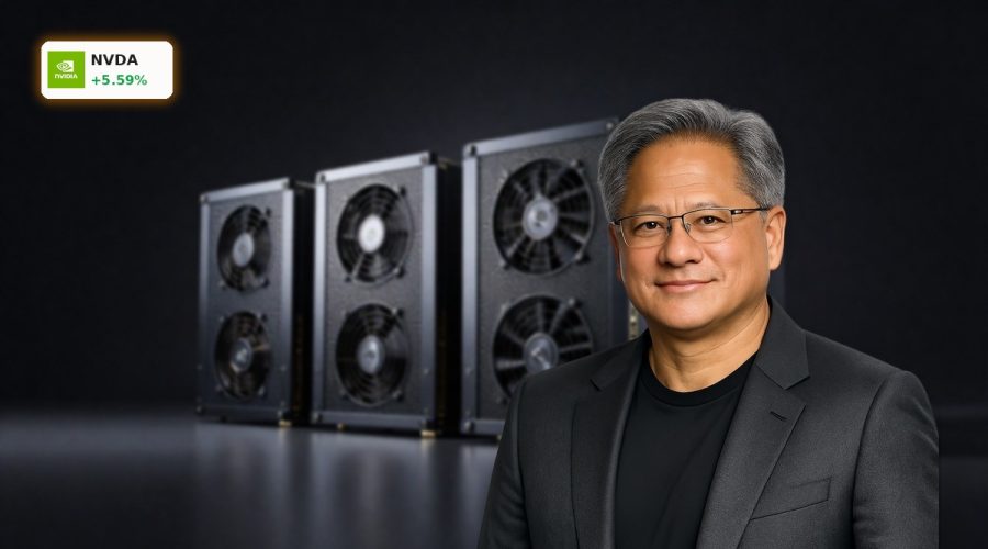 NVIDIA Mega Deals concept with high-end GPUs and AI servers in a dark data center