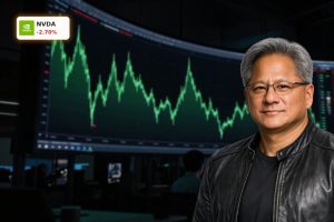 Dramatic trading room with volatile NVDA chart highlighting NVIDIA AI Outlook and trillion-dollar sales debate