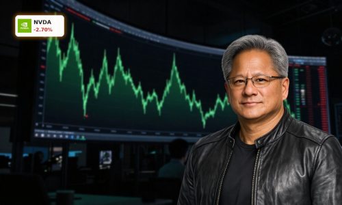 Dramatic trading room with volatile NVDA chart highlighting NVIDIA AI Outlook and trillion-dollar sales debate