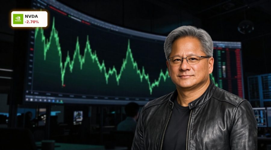 Dramatic trading room with volatile NVDA chart highlighting NVIDIA AI Outlook and trillion-dollar sales debate