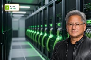High-end AI data center with GPU racks and photonics hardware illustrating NVIDIA AI Strategy.