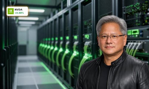 High-end AI data center with GPU racks and photonics hardware illustrating NVIDIA AI Strategy.