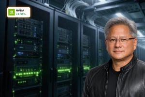 Futuristic AI data center with green-lit GPU racks illustrating NVIDIA AI Strategy and data center growth.