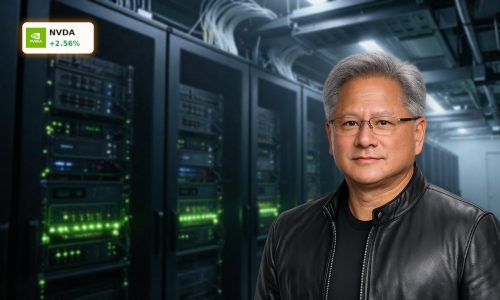 Futuristic AI data center with green-lit GPU racks illustrating NVIDIA AI Strategy and data center growth.