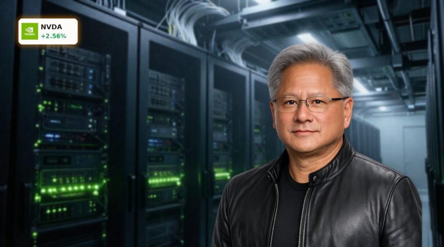 Futuristic AI data center with green-lit GPU racks illustrating NVIDIA AI Strategy and data center growth.
