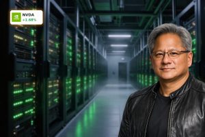 Futuristic AI data center with glowing green servers reflecting strong NVIDIA Forecast growth