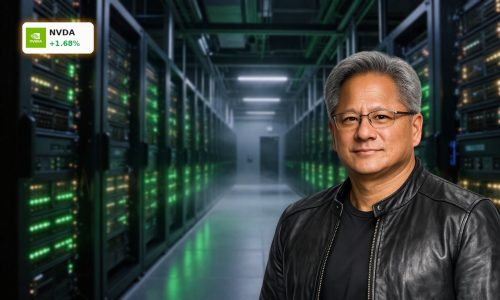 Futuristic AI data center with glowing green servers reflecting strong NVIDIA Forecast growth
