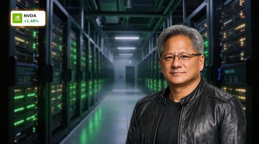 Futuristic AI data center with glowing green servers reflecting strong NVIDIA Forecast growth