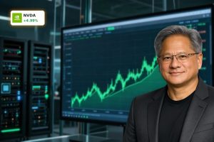 NVIDIA Record rally visualized by a soaring green stock chart tied to AI data center growth.