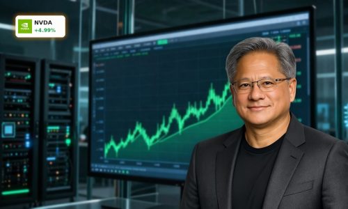 NVIDIA Record rally visualized by a soaring green stock chart tied to AI data center growth.