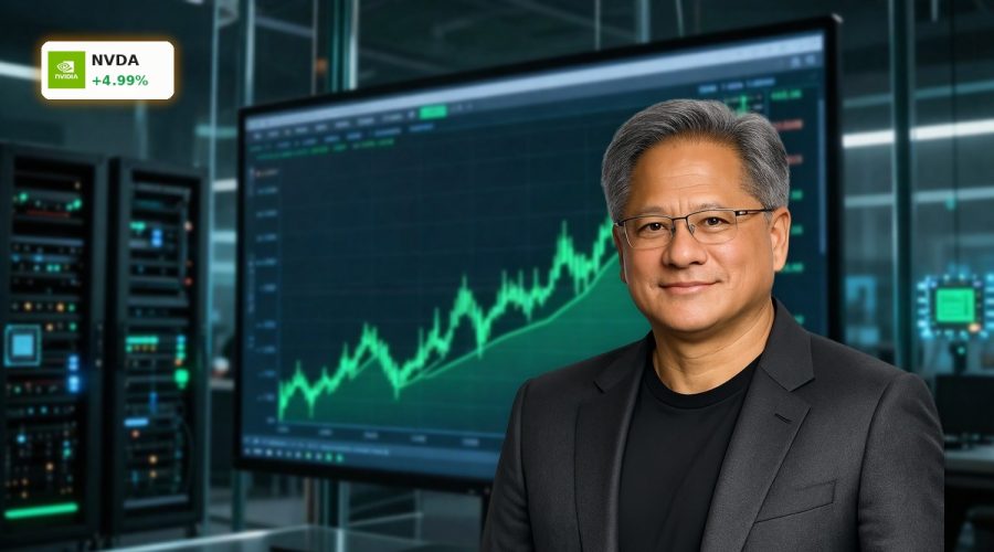 NVIDIA Record rally visualized by a soaring green stock chart tied to AI data center growth.