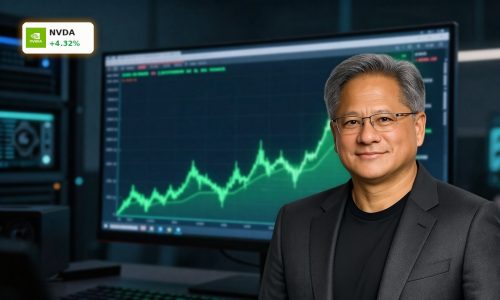 NVIDIA Record rally visualized by a soaring green stock chart amid AI data center backdrop.