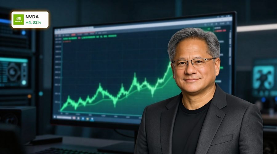 NVIDIA Record rally visualized by a soaring green stock chart amid AI data center backdrop.