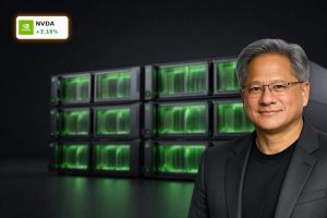 High-end data center rack with GPUs and optics symbolizing NVIDIA AI Infrastructure growth