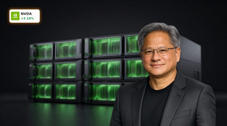 High-end data center rack with GPUs and optics symbolizing NVIDIA AI Infrastructure growth