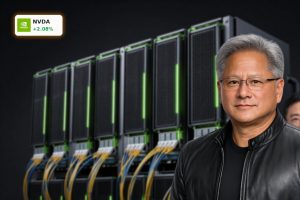 NVIDIA Infrastructure AI data center rack with GPUs and fiber optics in a dark server hall