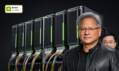 NVIDIA Infrastructure AI data center rack with GPUs and fiber optics in a dark server hall