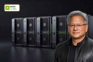 NVIDIA AI Earnings symbolized by high-end NVIDIA data center GPUs in a dark server rack