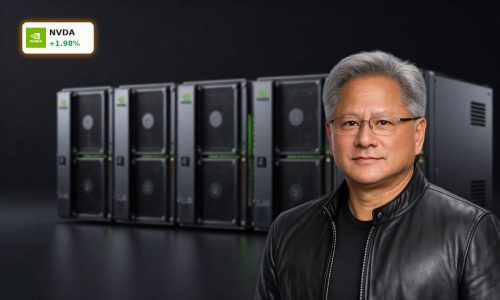 NVIDIA AI Earnings symbolized by high-end NVIDIA data center GPUs in a dark server rack