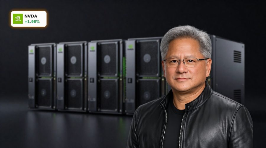 NVIDIA AI Earnings symbolized by high-end NVIDIA data center GPUs in a dark server rack